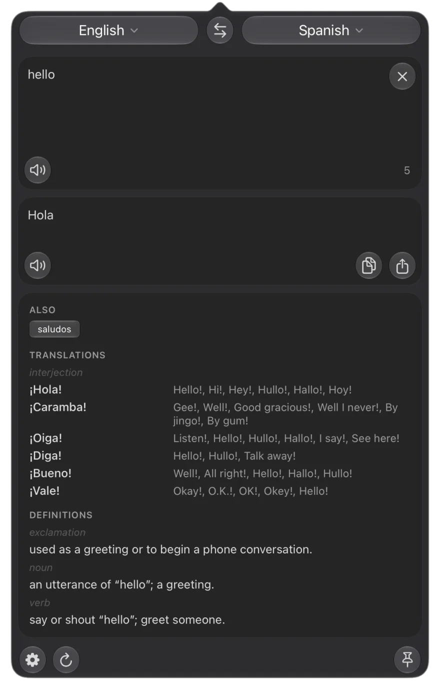 The popover showing a single word with alternatives, translations by part of speech, definitions and synonyms