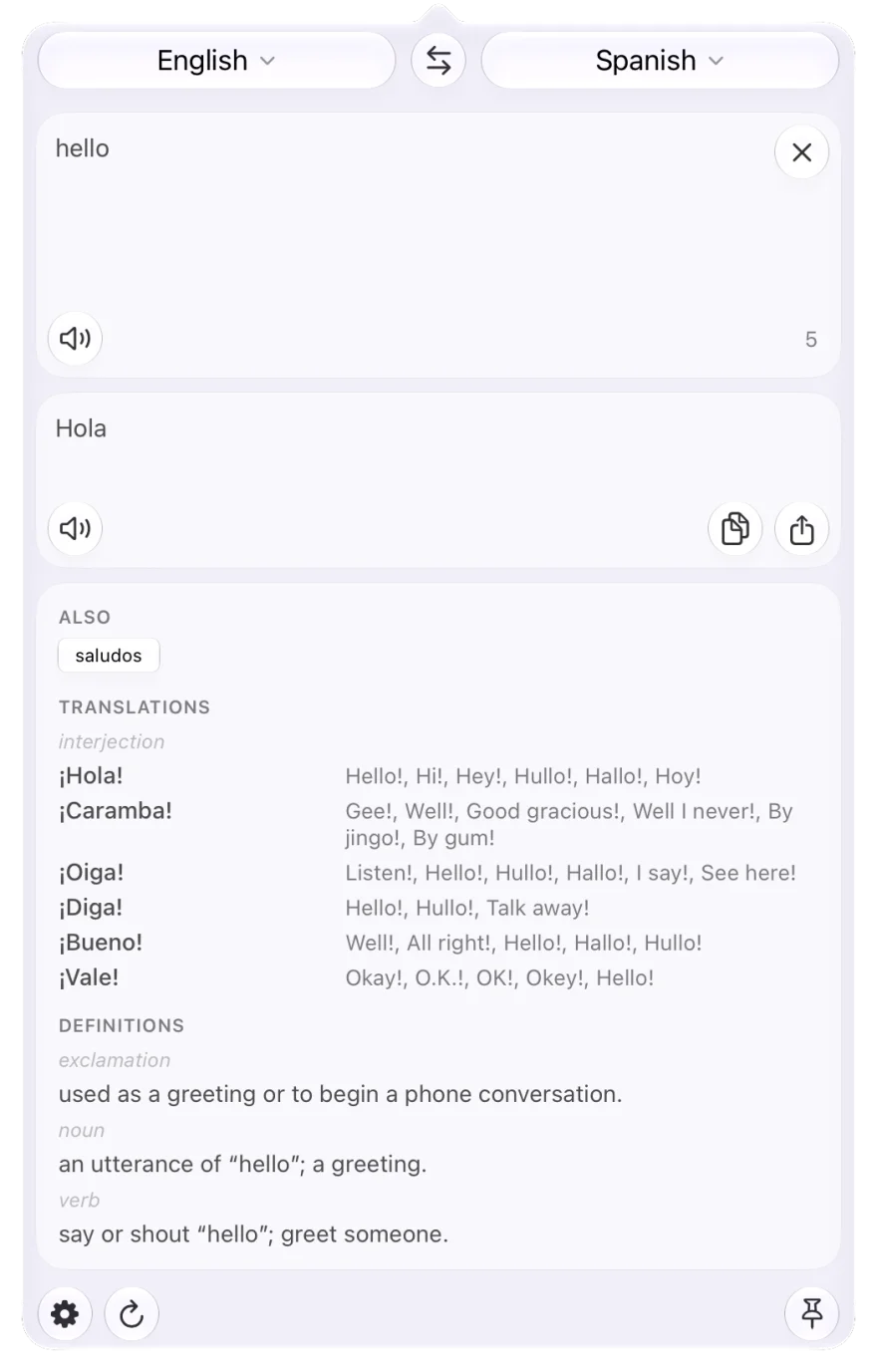 The popover showing a single word with alternatives, translations by part of speech, definitions and synonyms