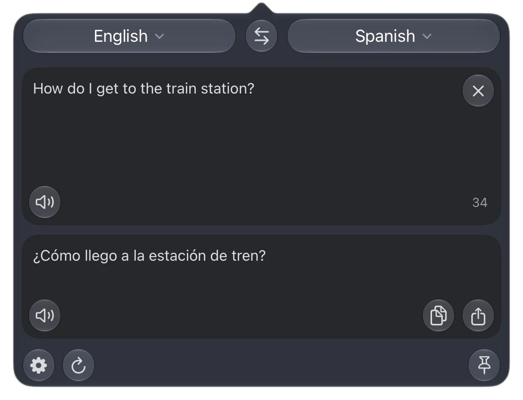 The popover hanging from the menu bar: English to Spanish, “How do I get to the train station?” translated as “¿Cómo llego a la estación de tren?”
