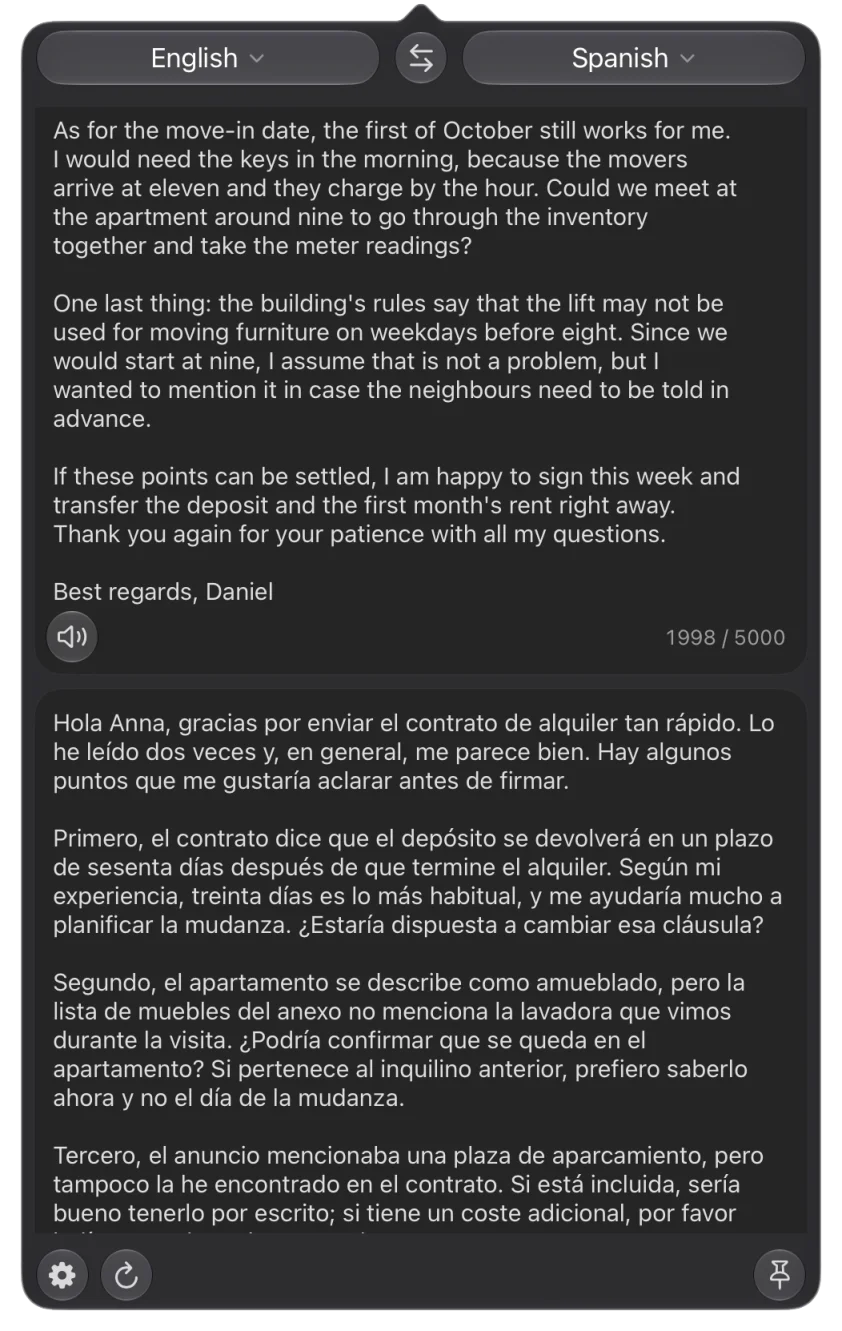 A long letter as one continuous page, scrolled to the seam where the original ends and the translation begins