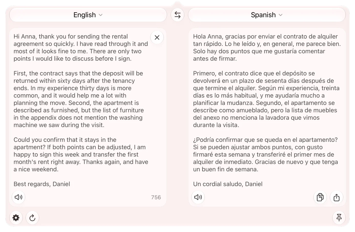 The same letter in two columns: original on the left, translation on the right