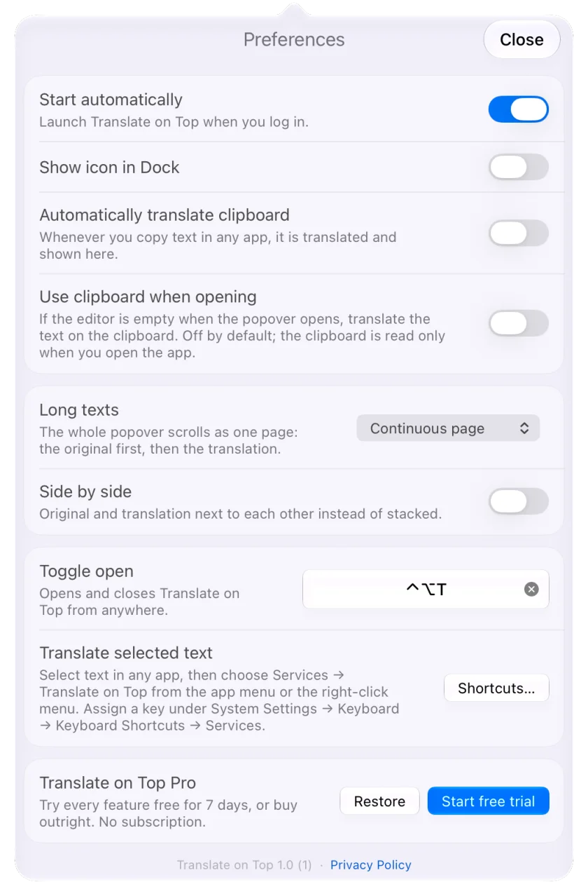 The Preferences panel: startup, Dock icon, clipboard, long-text layout, shortcut settings and the one-time purchase